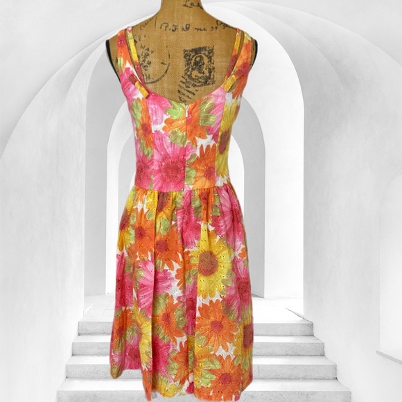 Carmen Marc Valvo Orange Pink Sleeveless A-Line Midi Dress boat neck daisy 4 - Picture 3 of 7